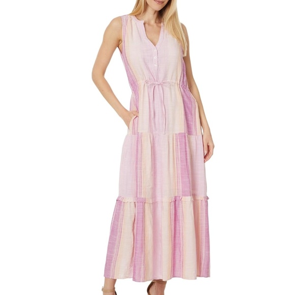 Liverpool. Sleeveless Tiered Maxi Dress with Adjustable Waist. - Picture 1 of 15